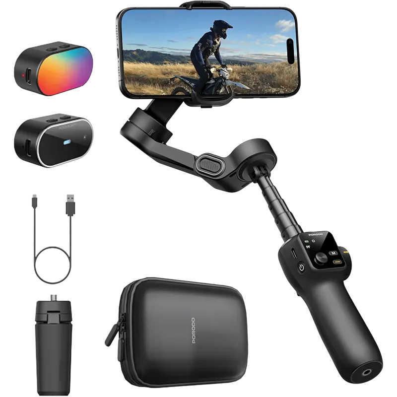 Porodo VeloCam AI Tracker Smartphone Gimbal with Tripod and Magnetic Fill Light Mascom International.webp